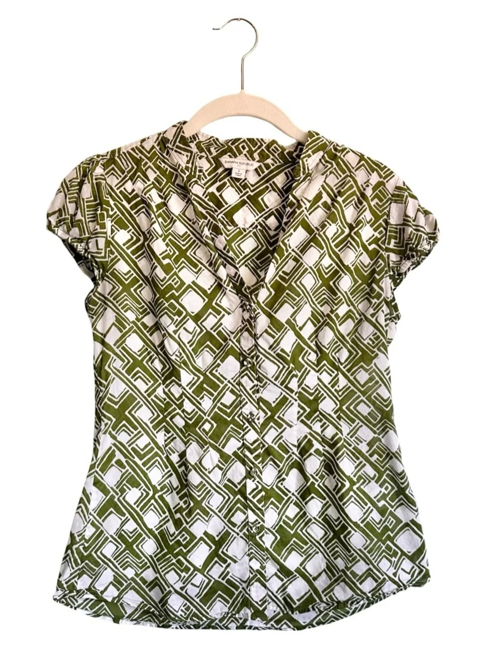 Banana Republic Women’s Green White Cotton Geo Print Cap-Sleeve Blouse Top Small